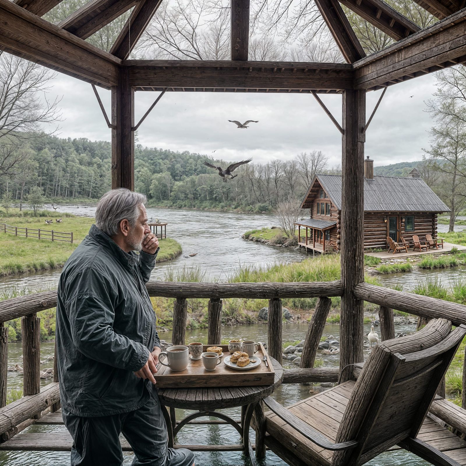 Cozy Log Cabin River View on Rainy Day