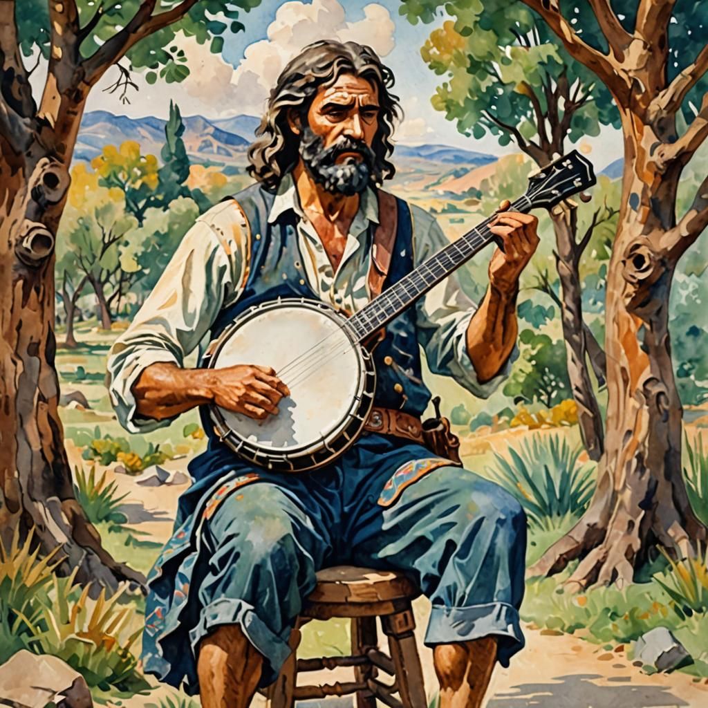 Samson Plays Banjo: Gouache Impressionist Masterpiece