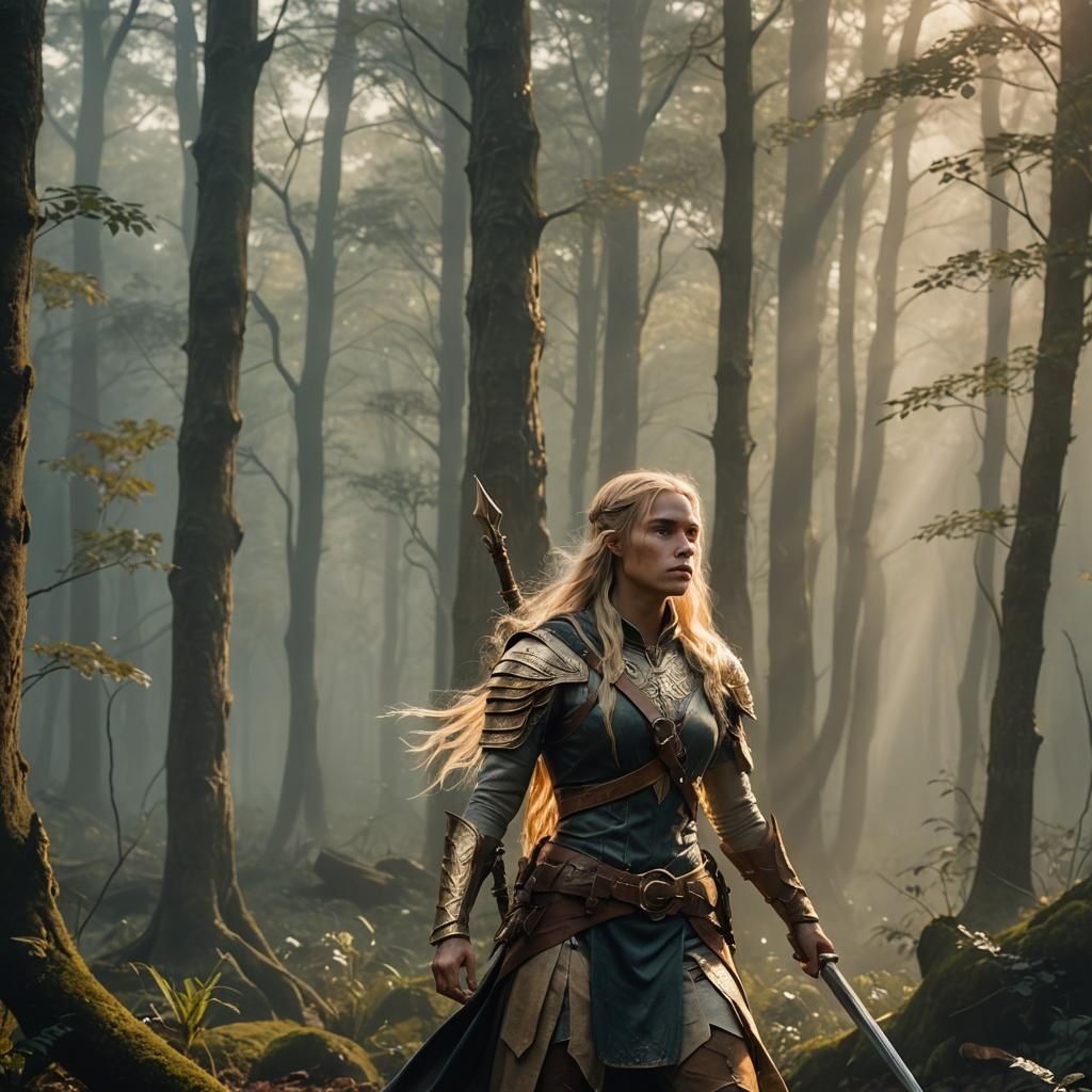 Majestic Female Half Elf Amazon Warrior in Golden Hour Lands...