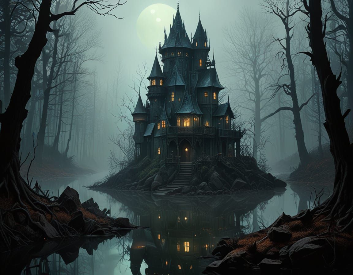 Mysterious Gothic Landscape with Glowing Crystals and Shadow...