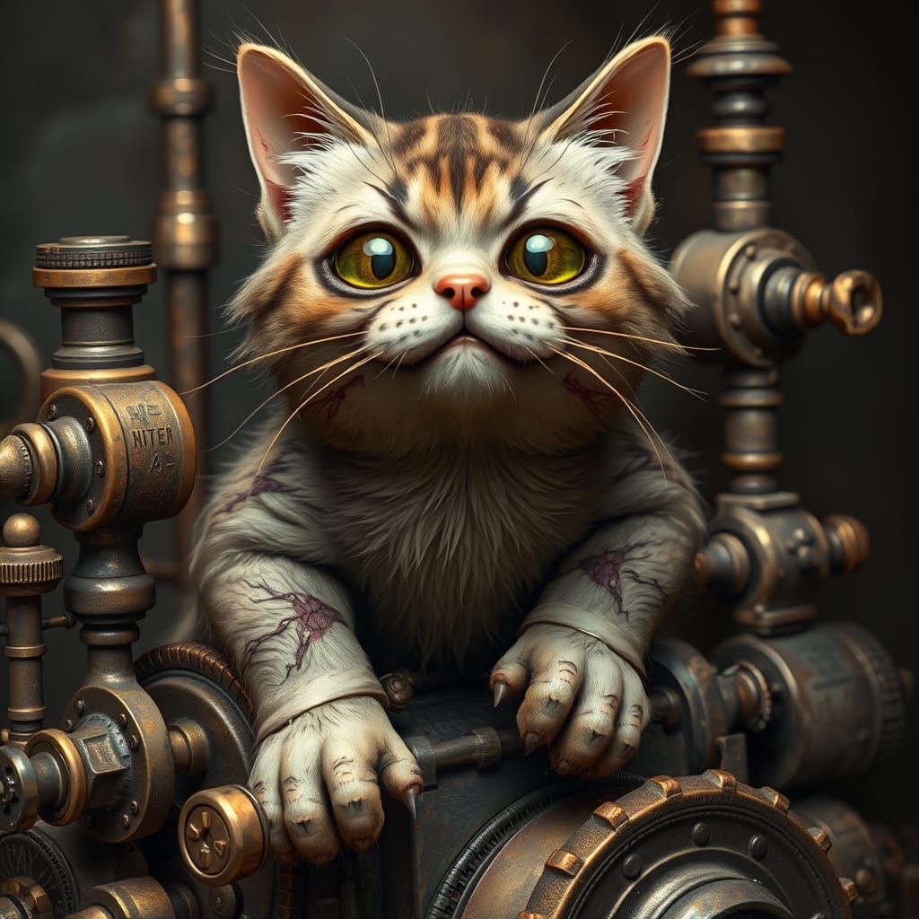 Steampunk Zombie Cat Adorns Industrial Backdrop