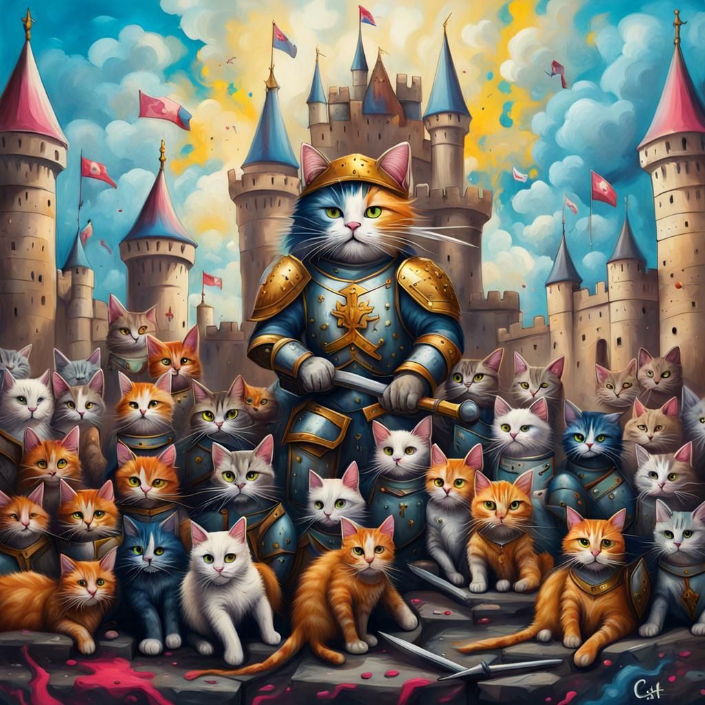 Cat Crusade with Armored Army in Graffiti Art