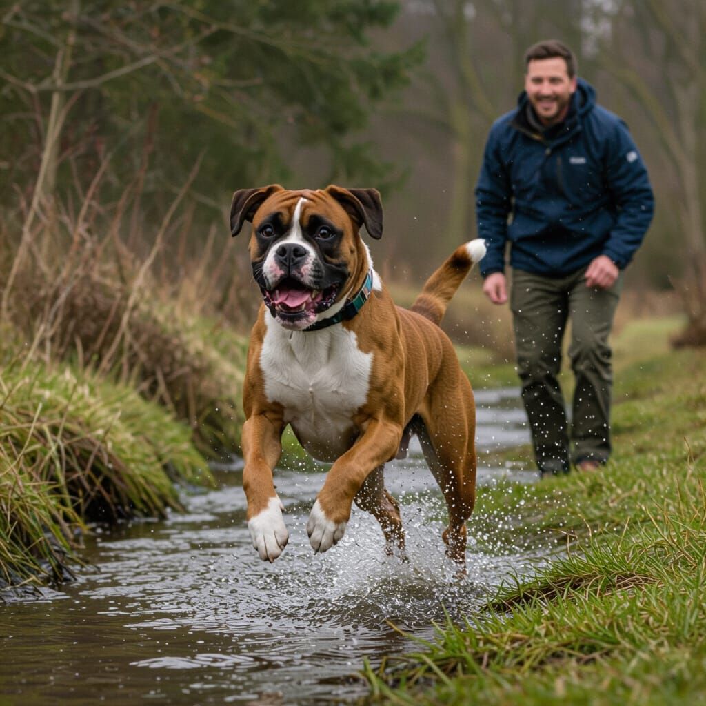 Boxer Dog Leaping by Brook with Owner