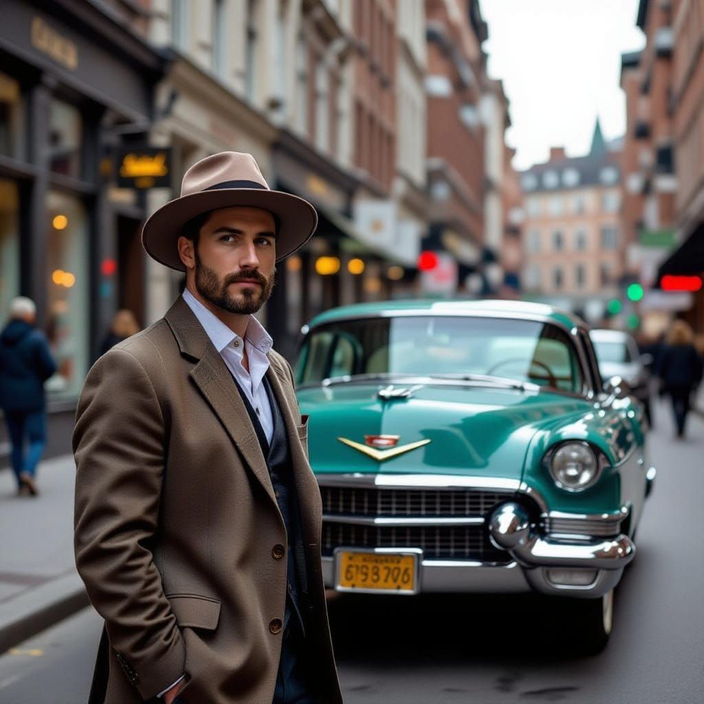 Man in 50s Cadillac, Moody Cityscape
