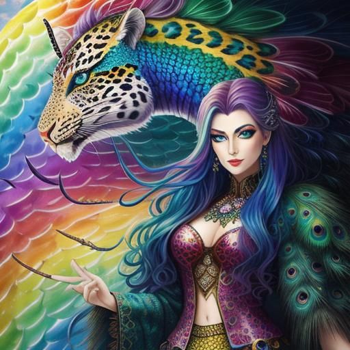 Fantasy Woman with Rainbow Dragon Scales, Ethereal Art