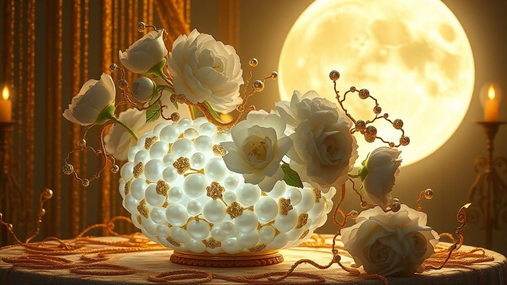 Luminous Pearl Vase with Peonies in Beksiński Style