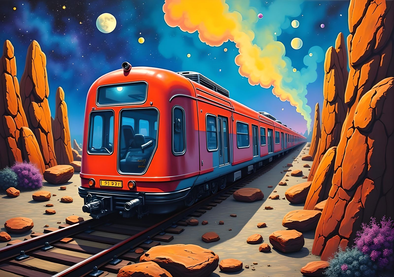 Vibrant Sci-Fi Train Painting