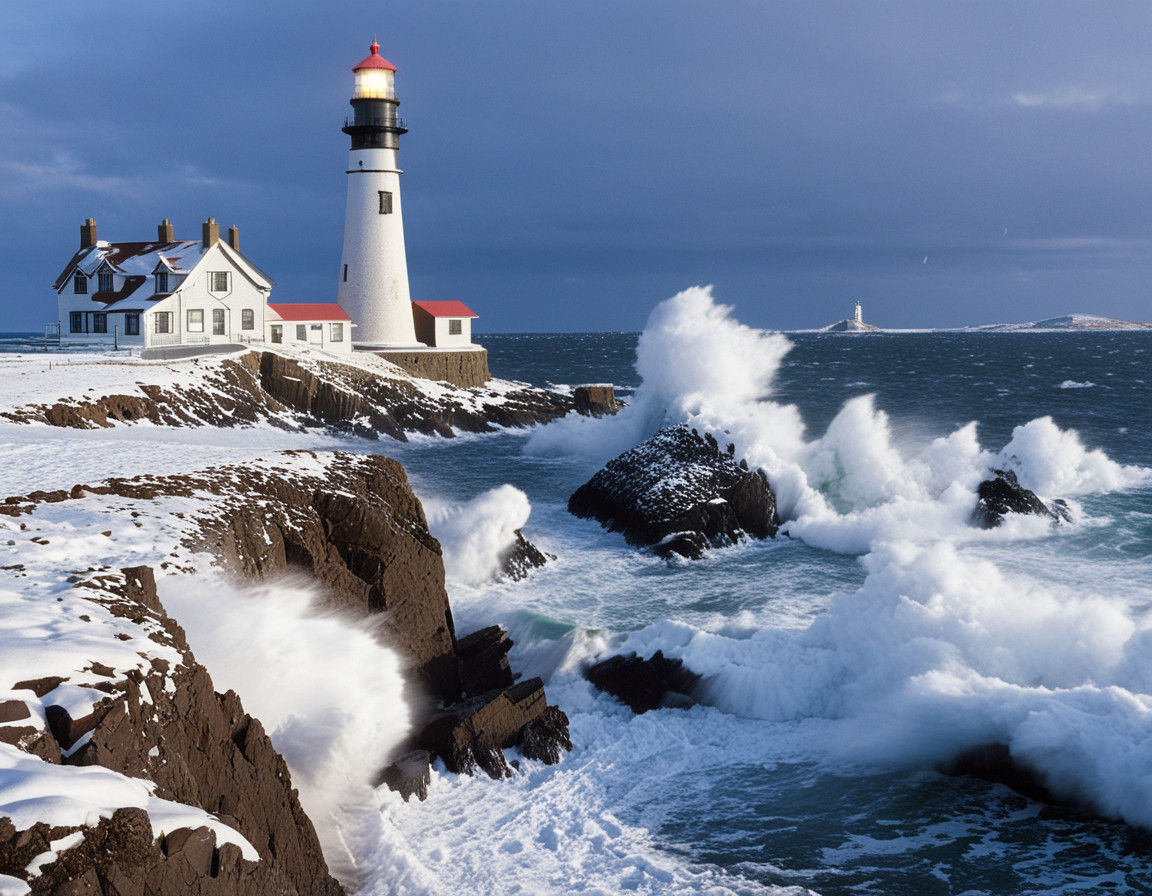 Winter Coastal Landscape with Snowy Rocks and Lighthouse