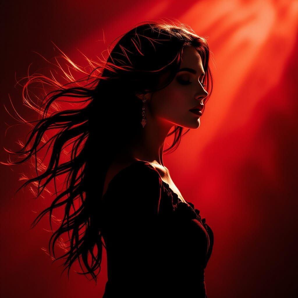 Woman's Silhouette with Flowing Hair in Dramatic Red Chiaros...
