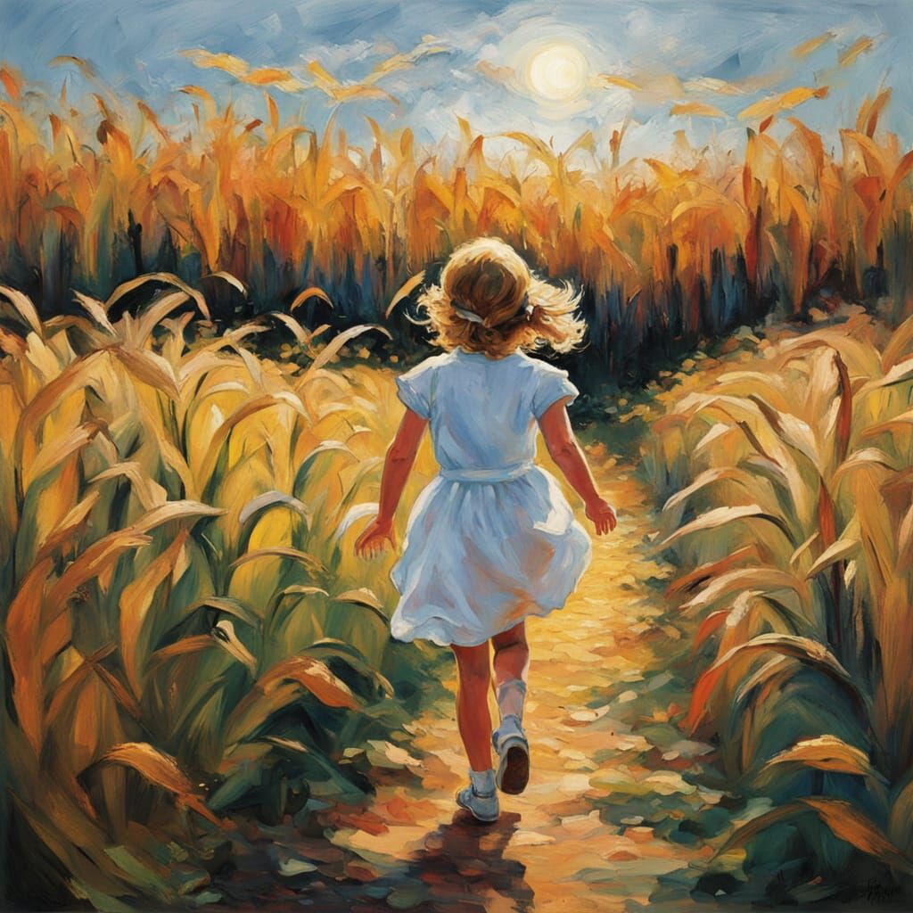 A Young Girl Runs Through a Golden Corn Field at Sunset in a...