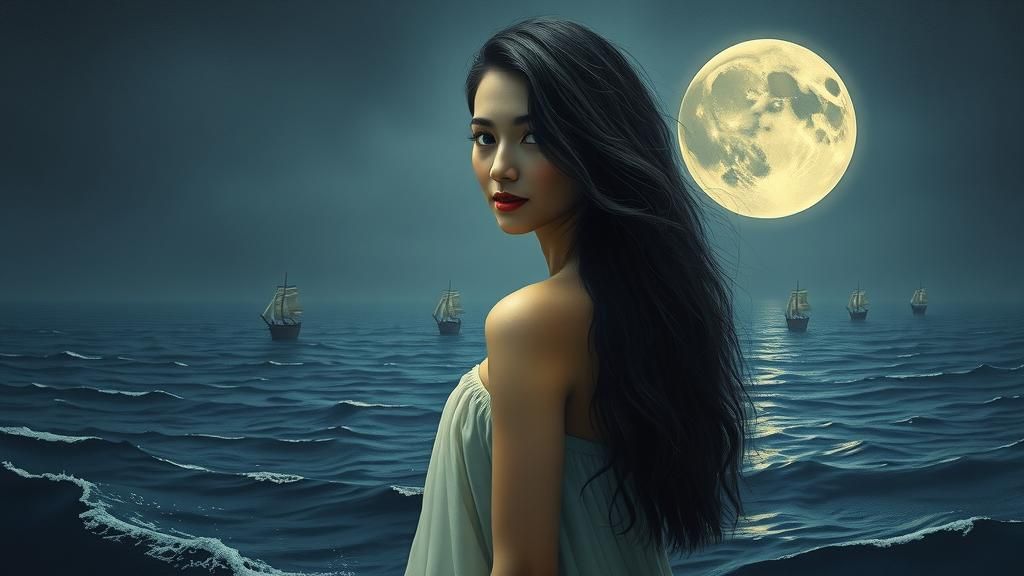 Ethereal Woman at Midnight Ocean in Surreal Style