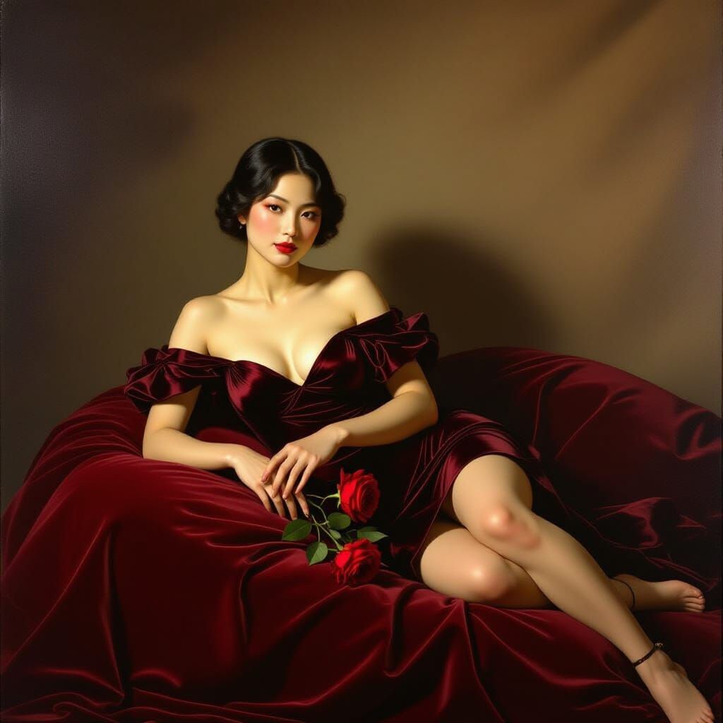 Baroque Portrait of Asian Woman with Rose