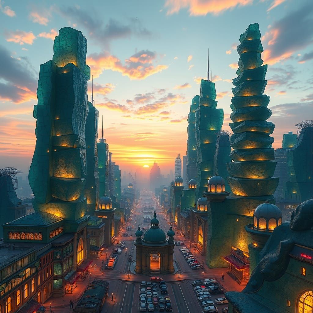 Sea Glass City Skyline in Magical Realism Style