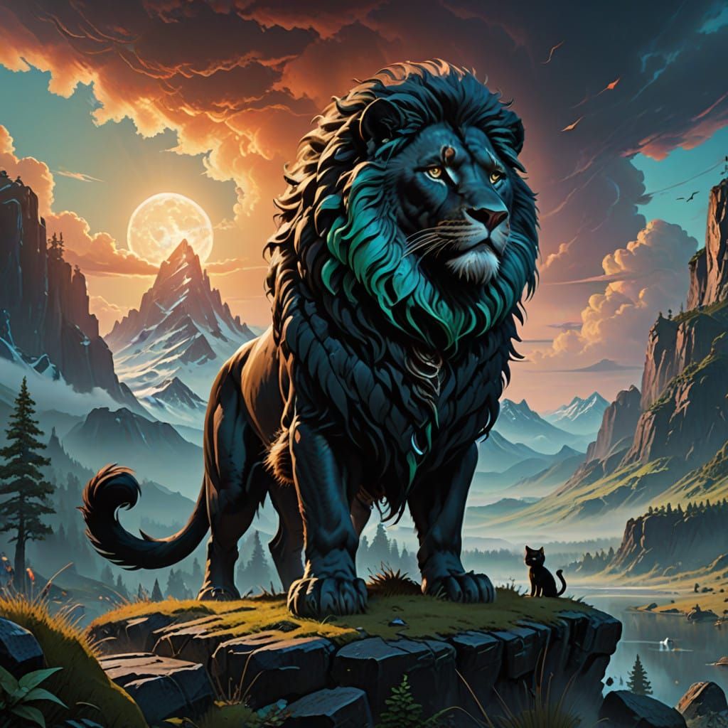 Regal Lion, Majestic Cat, and Iridescent Fish in Dreamlike L...