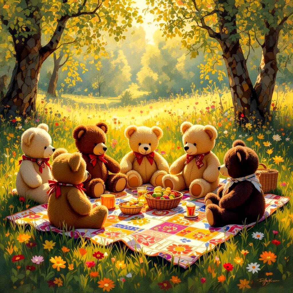 Teddy Bears' Picnic in the Style of Klimt