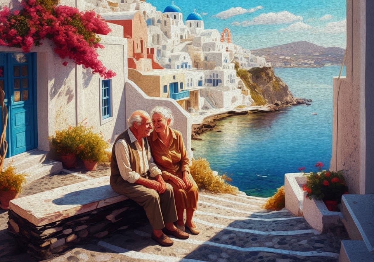 lora:Flux Oil and Glory:7.0
A very old man and a very old woman sit laughing on a bench in the city. Bright whites and d...