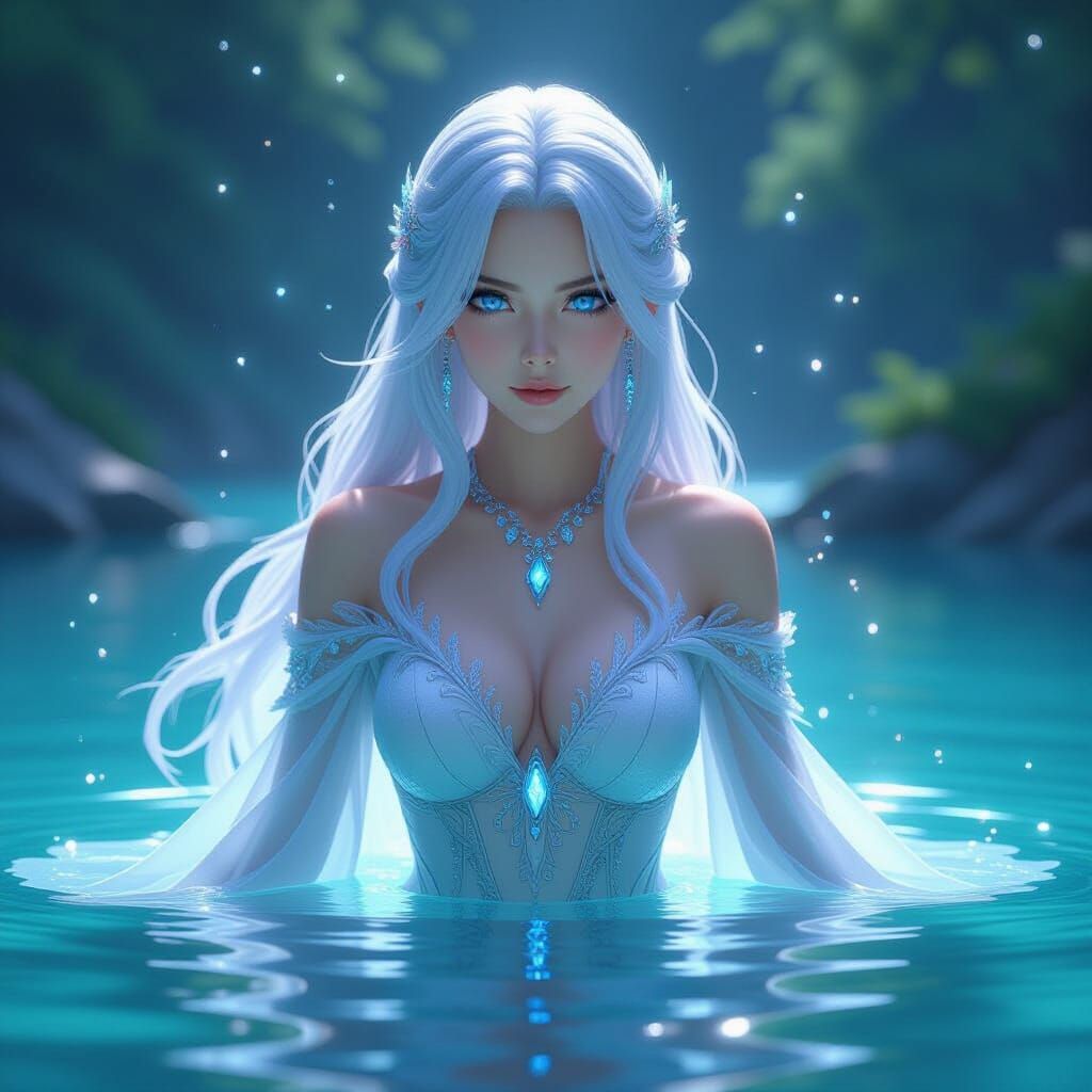 Ethereal Sorceress Emerges from Lake: 3D Anime Art