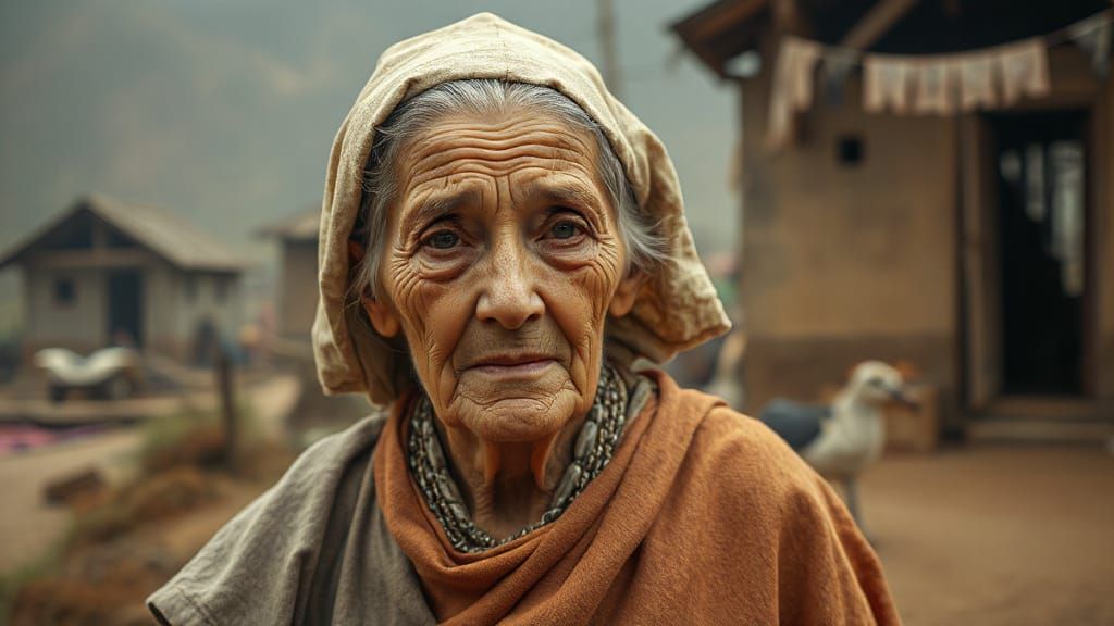 Elderly Mother's Hopeful Vigil: Hyper-Realistic Portrait