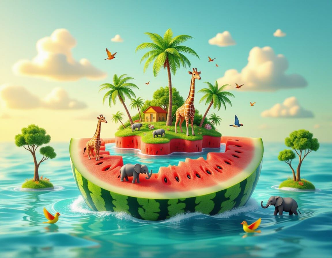 Surreal Tropical Island Emerging from Watermelon Fruit