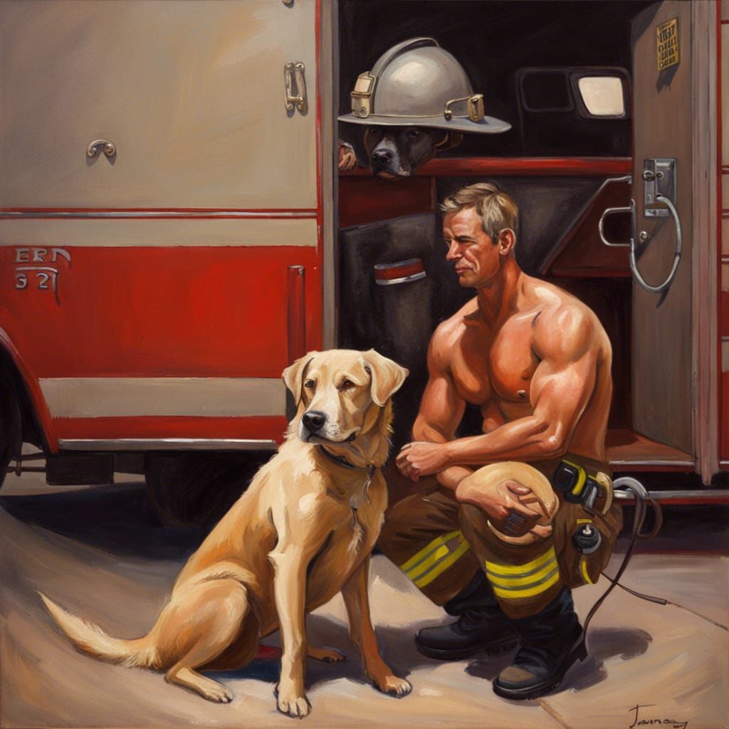Shirtless Firefighter and Dog, Oil Painting