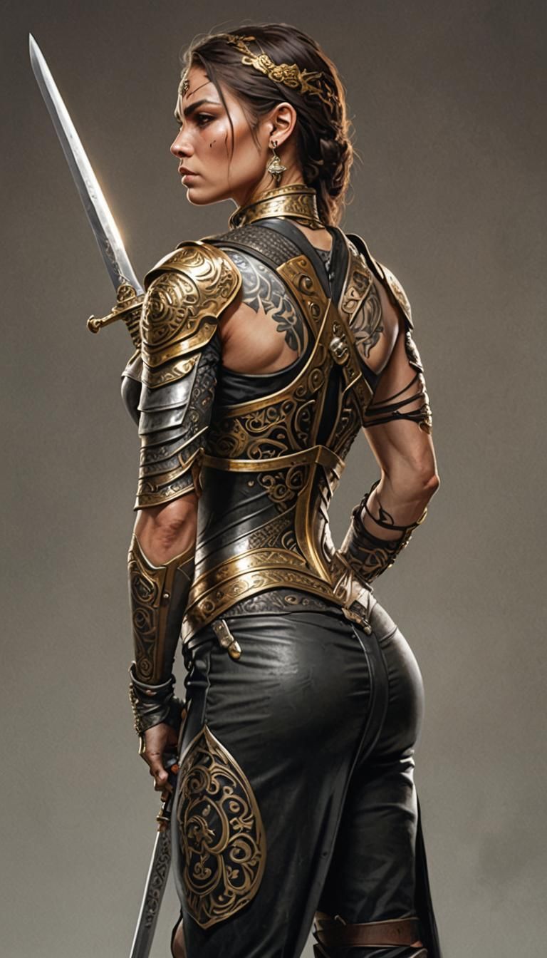 Muscular Warrior Woman with Sword and Tattoos