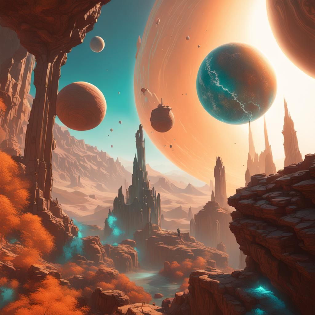 Planets Concept Art in Orange and Teal