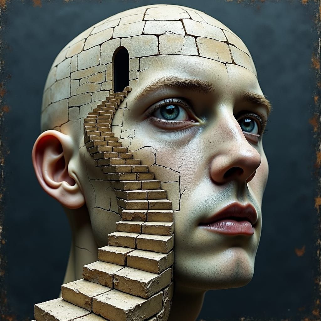 Surreal Stone Face with Escher Staircase Illusion