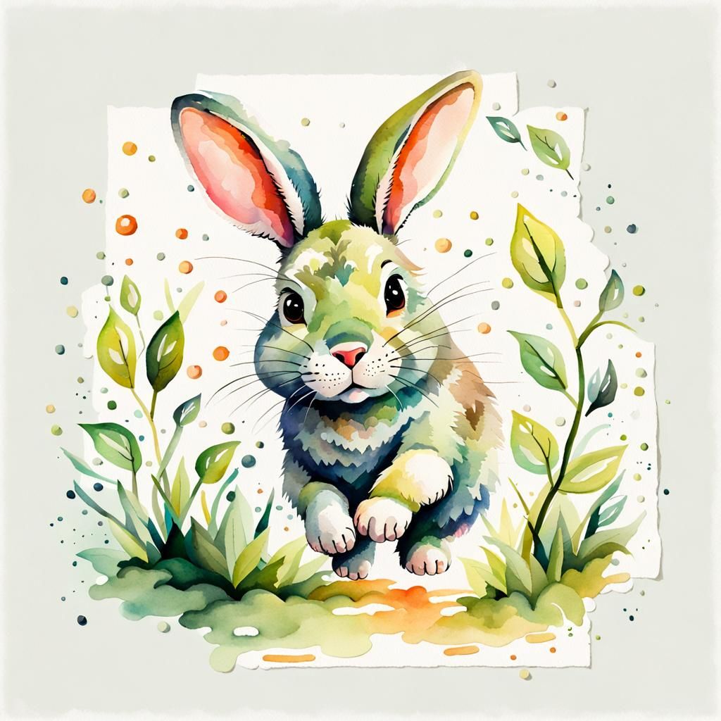 Bunny Hopping in Watercolor Style on Canvas