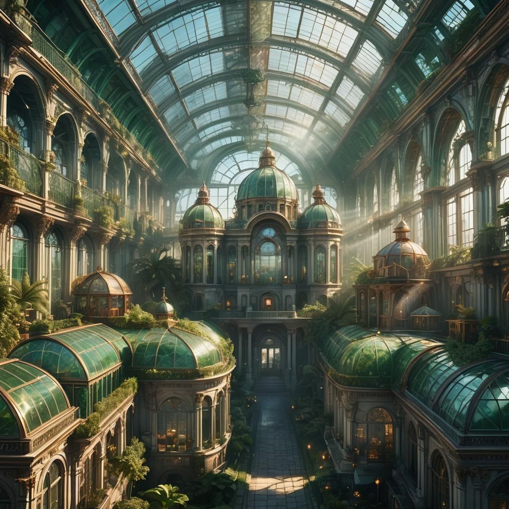 White City with Stained Glass Greenhouses in Steampunk Style