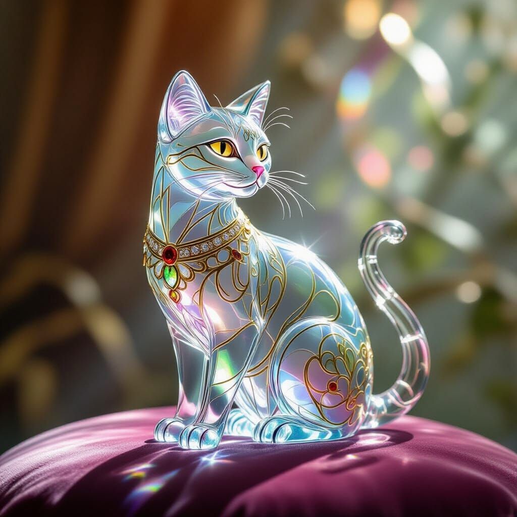 Glass Cat Sculpture in Art Nouveau Style