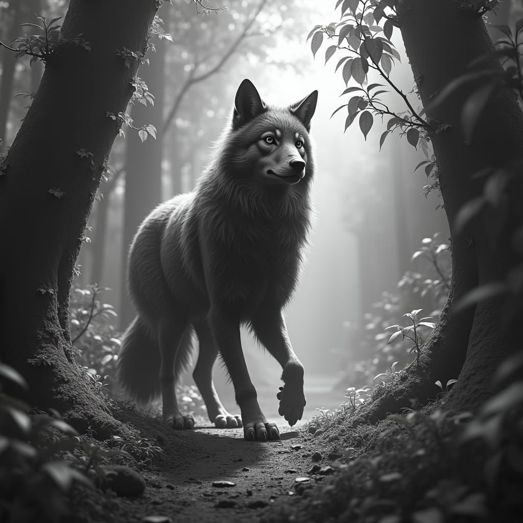 Mystical Wolf-Raven Hybrid in Black and White