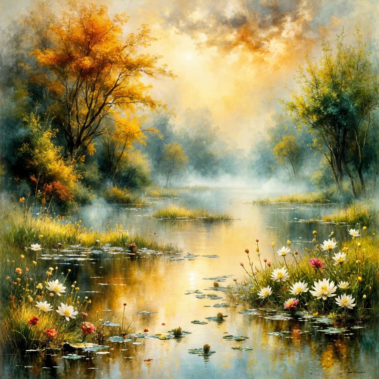 Le brouillard matinal s'installe au dessus d'un lac aux nymphéas Canaletto Claude Monet Gustave Doré couleurs chaudes im...