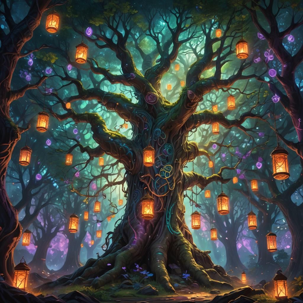 Mystical Tree in Enchanted Forest: Art Nouveau Matte Paintin...