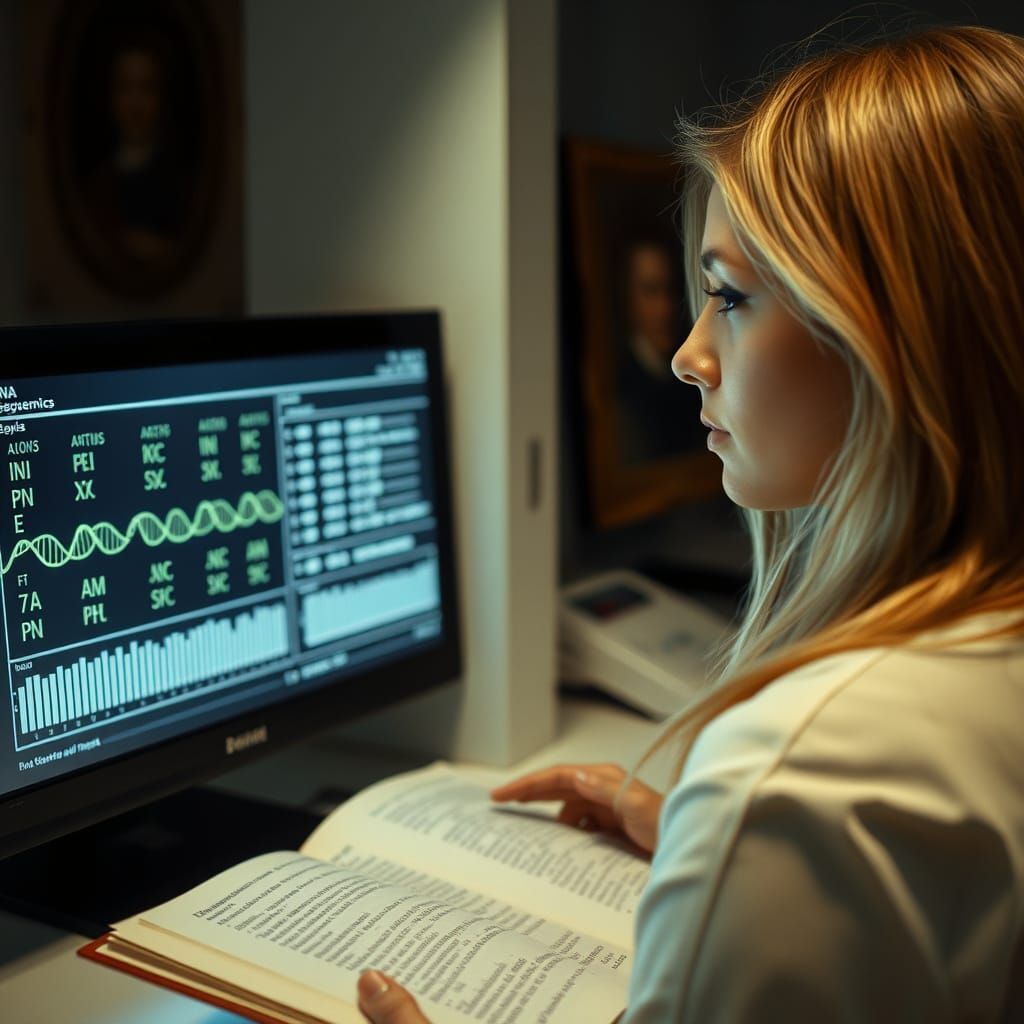 DNA Lab Scene with Medieval Portrait, Cinematic Style