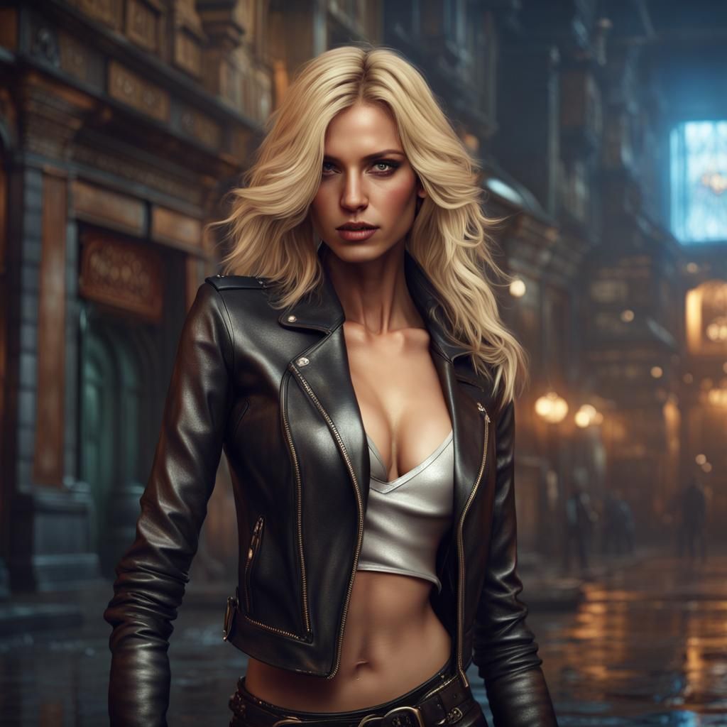 Blonde Model in Leather, Detailed Matte Painting