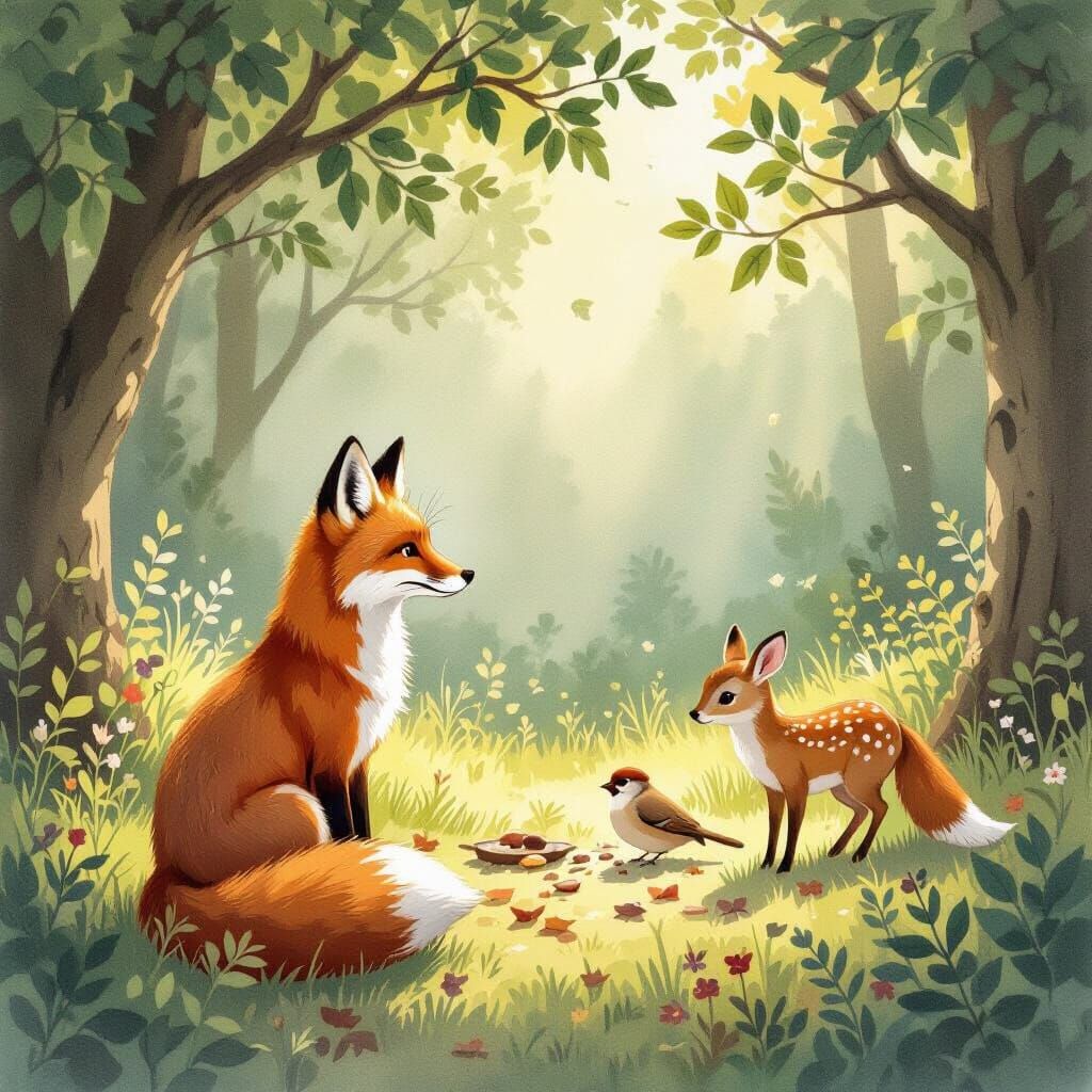 Curious Fox Watches Deer & Sparrow in Forest Clearing
