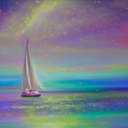 Cosmic Sailboat Voyage in Ethereal Oil Painting Style