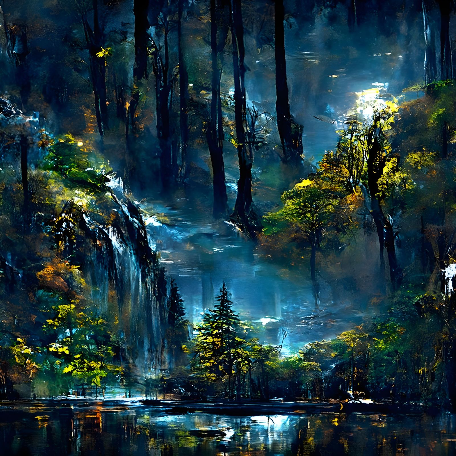 Lush Forest Waterfall in Hyperrealistic Oil Painting