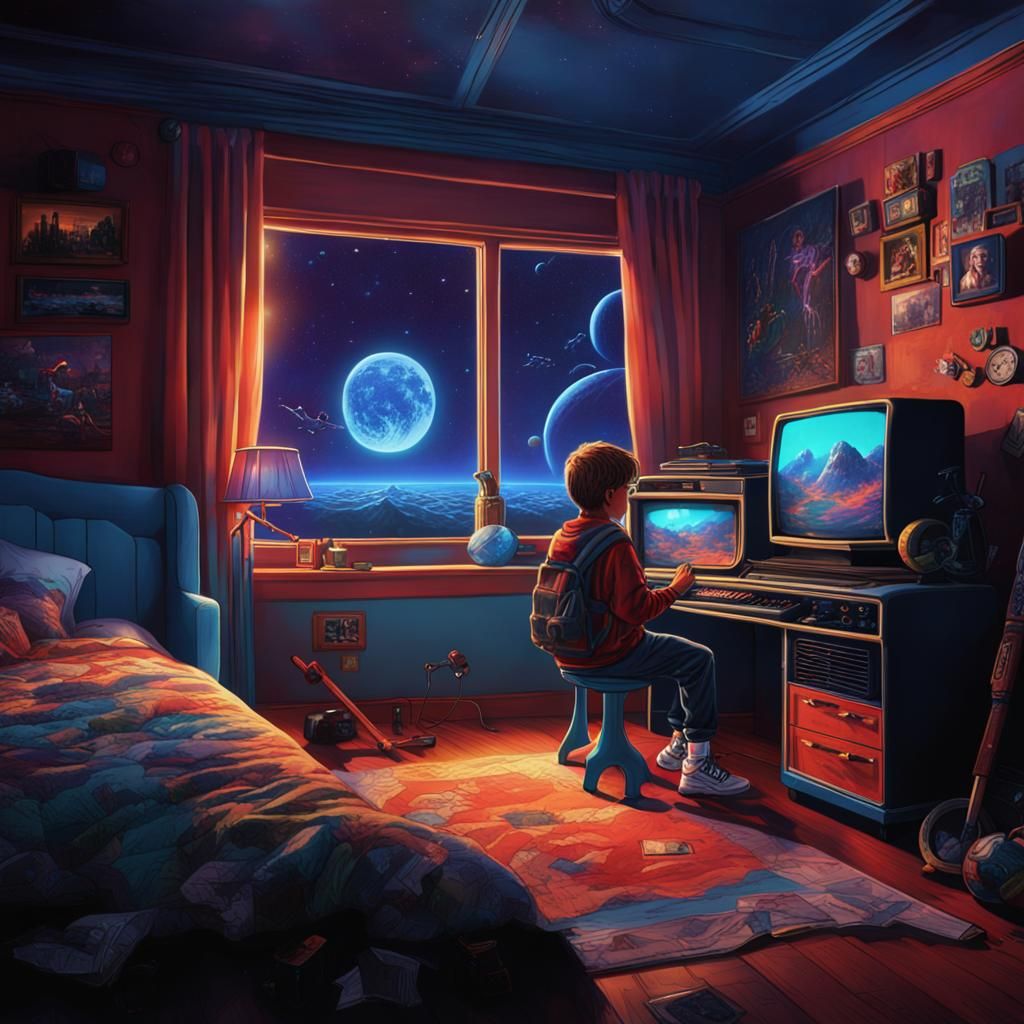 Boy Plays Amiga in 80s Bedroom, Detailed Matte Painting