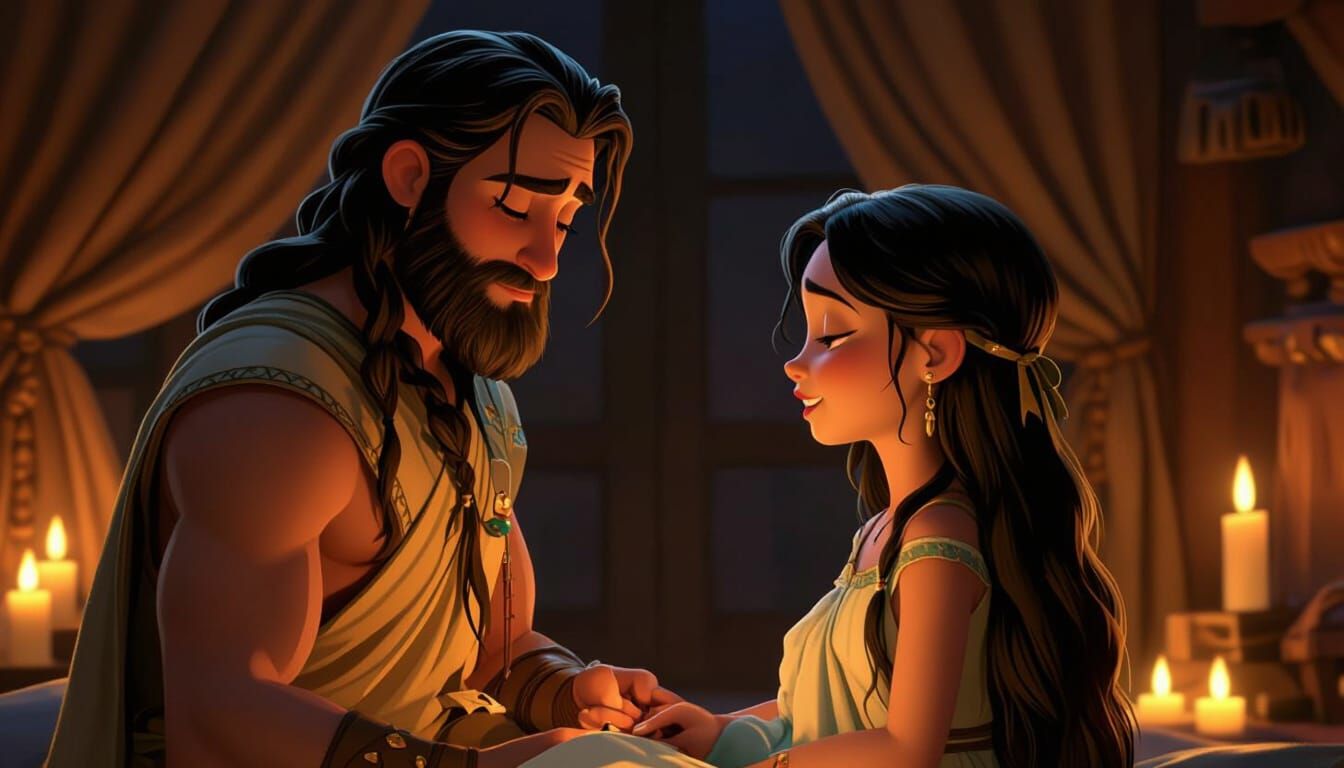 Delilah Cuts Samson's Hair: A Pixar-Style Illustration