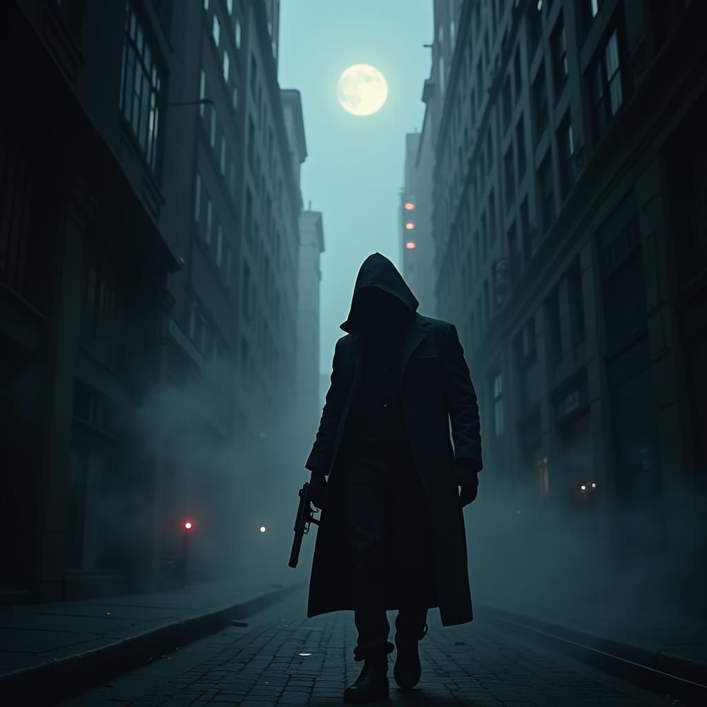 Mysterious Assassin in Fog-Shrouded Alleyway