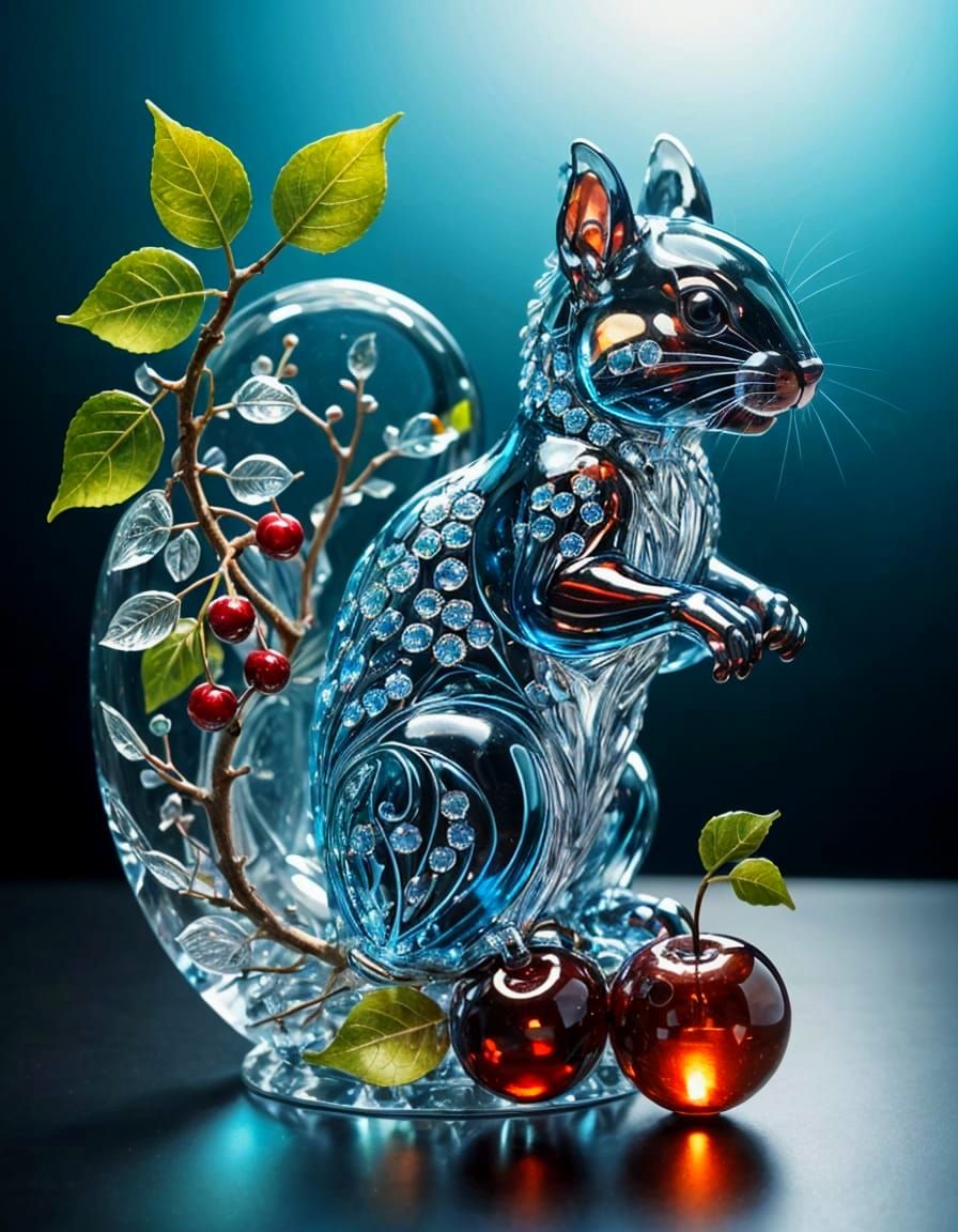 Crystal Squirrel Sculpture with Bioluminescent Cherries