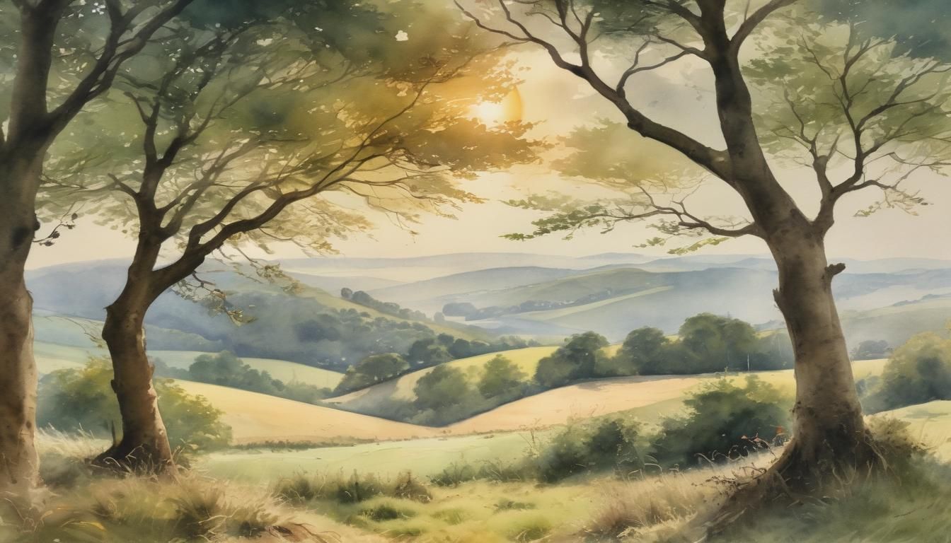 South Downs Watercolour Panorama in Art Deco Style
