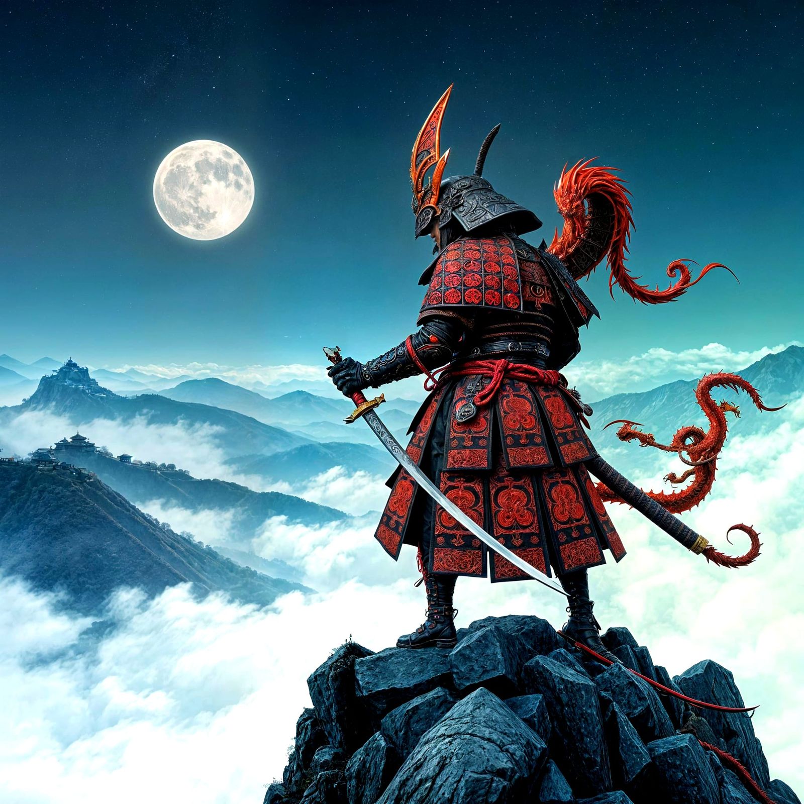 Samurai Warrior on Windswept Peak in Fantasy Art Style