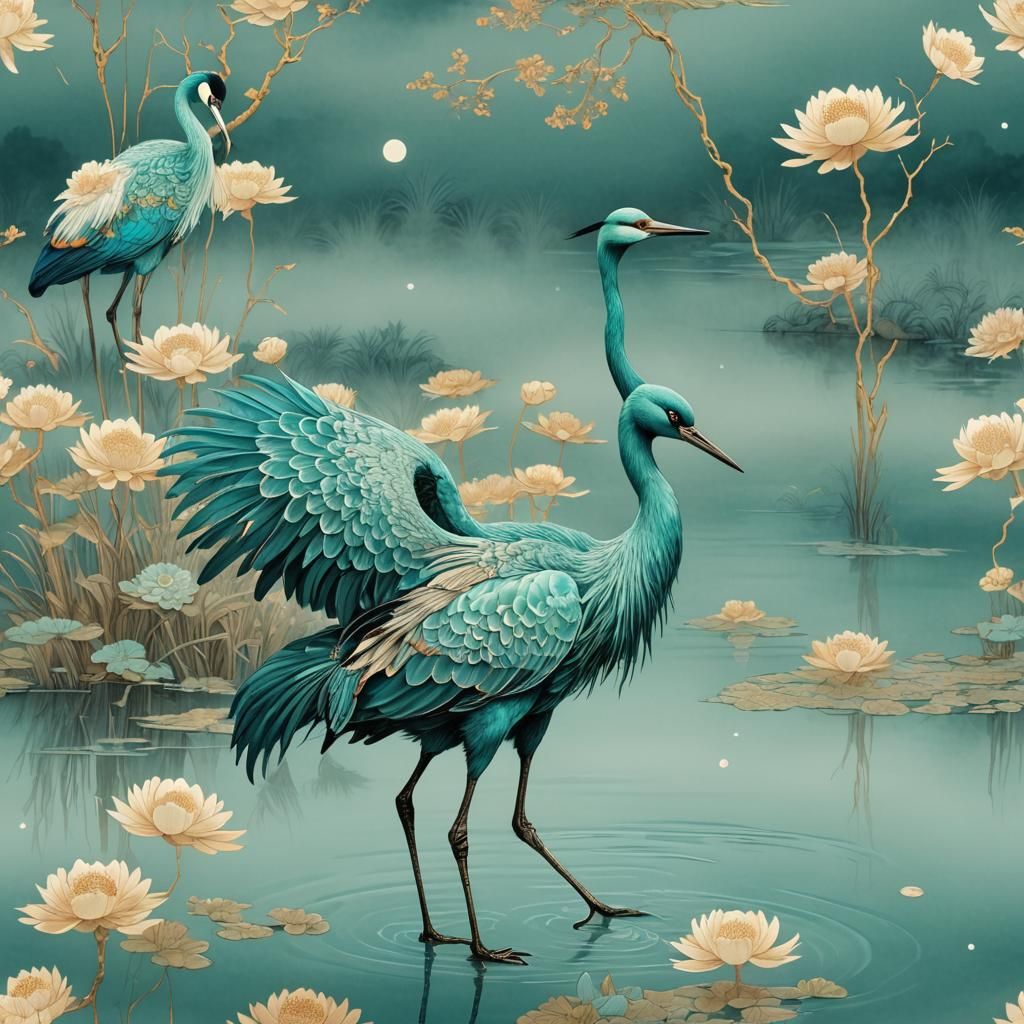 Turquoise Crane in Ethereal Moonlight Fantasy