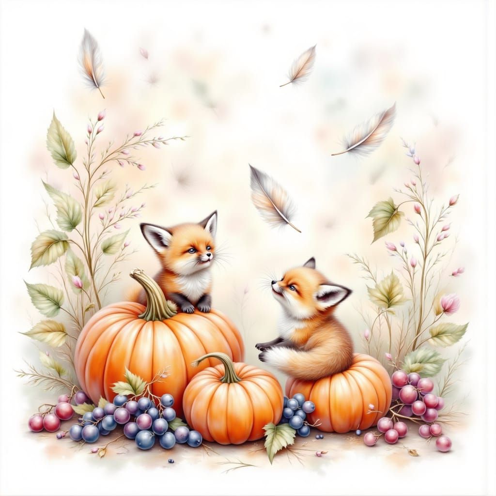 Baby Foxes Play with Pumpkins and Grapes in Watercolour Styl...