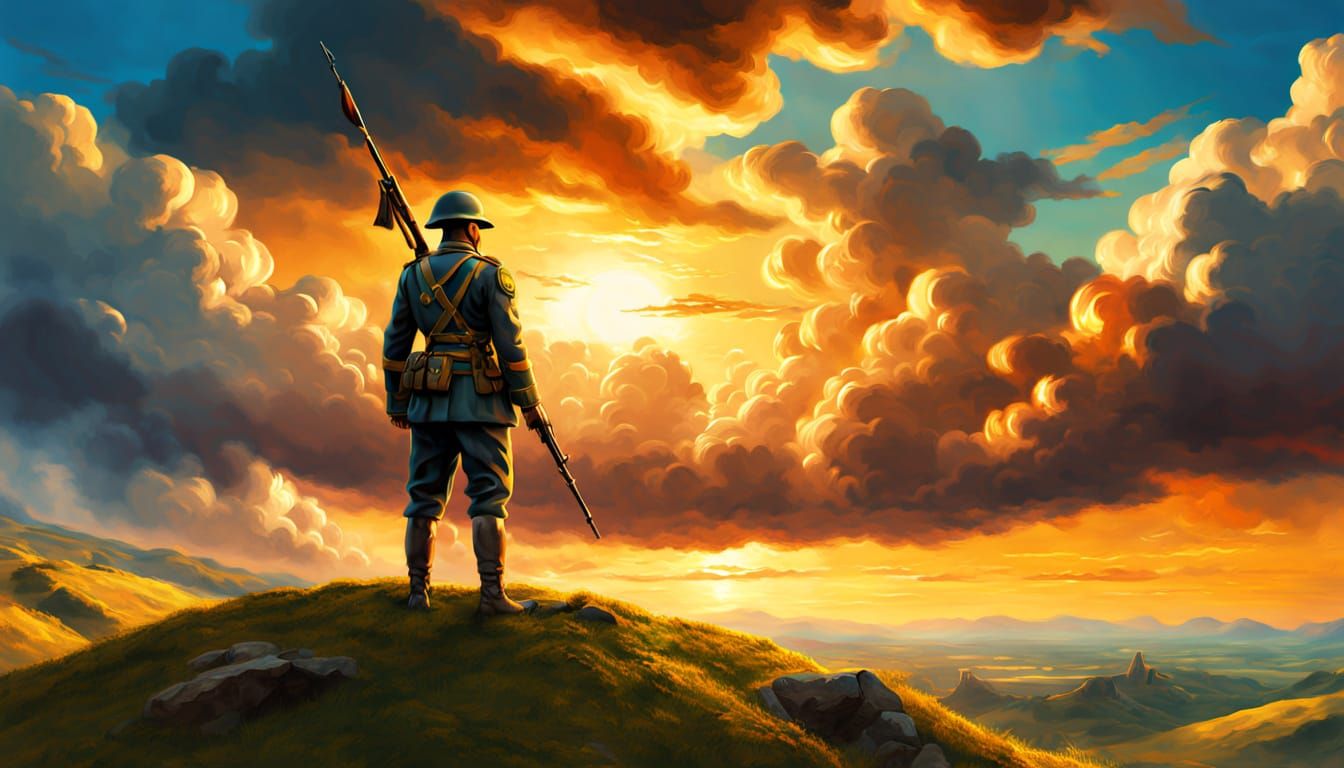 Surreal Soldier on Hill in Oil Painting Style