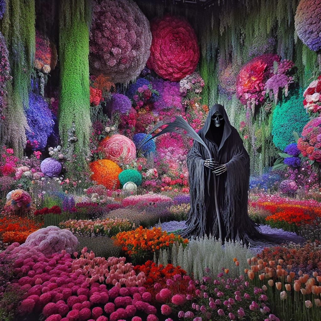 Grim Reaper in Colorful Flower Garden, Digital Matte Paintin...