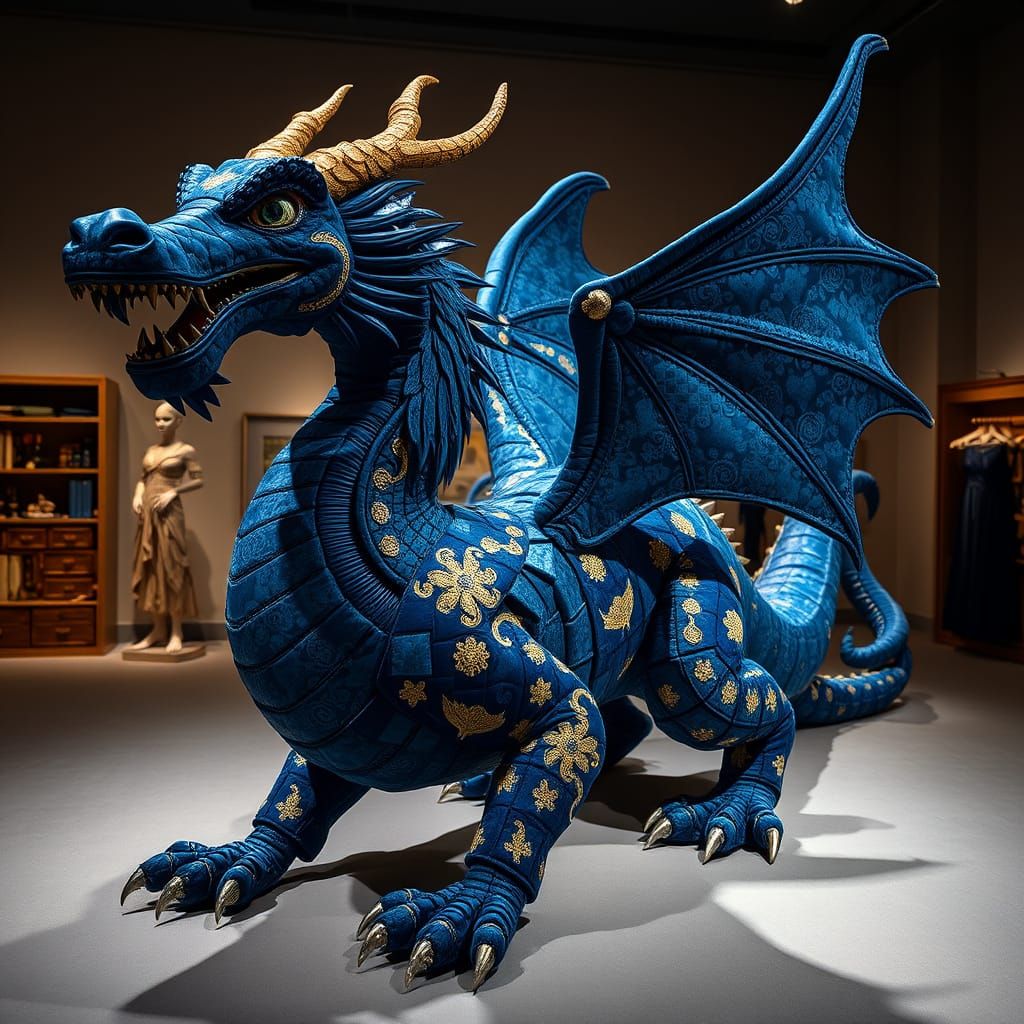 Luxurious Velvet Brocade Dragon Sculpture in Art Nouveau Sty...