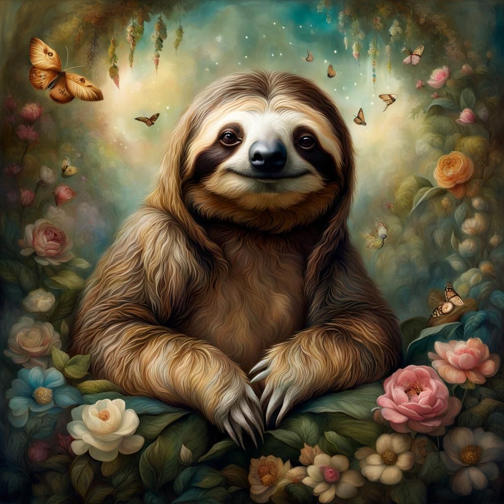Dreamy Sloth Floating in Heaven Illustration